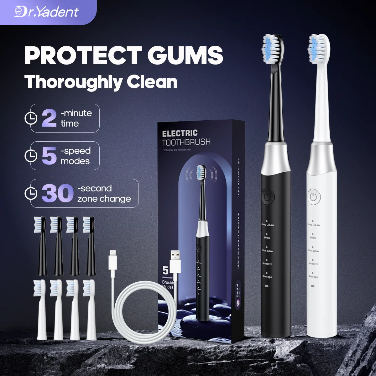 Dr.Yadent YD07 Electric Sonic Toothbrush Sensitive Gum Care Rechargeable Toothbrush 5 Modes Soft Brush Bristle 60 Days Life Long