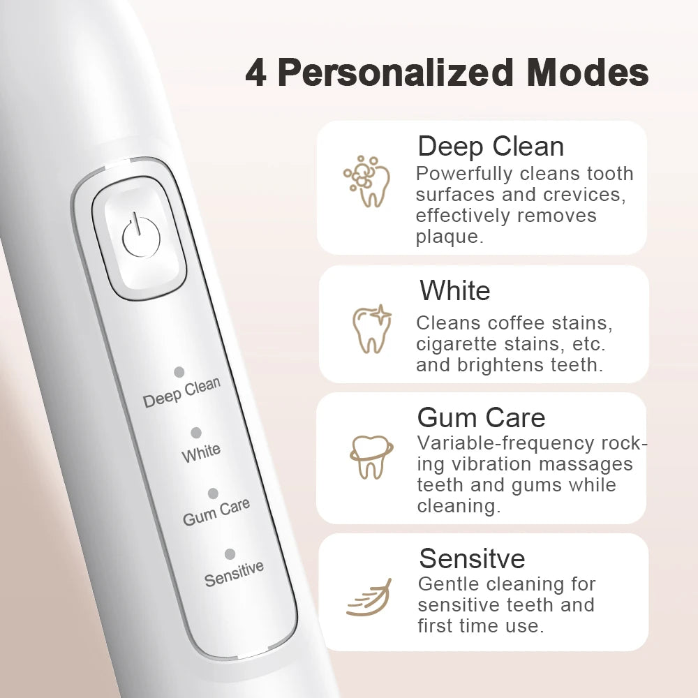 Ultrasonic electric toothbrush, waterproof toothbrush with 6 toothbrush heads, USB charging, deep cleaning of teeth
