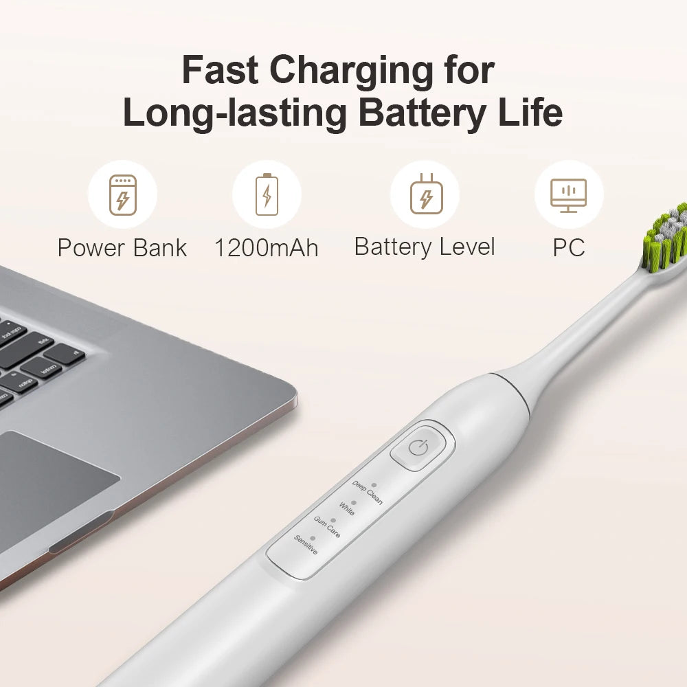 Ultrasonic electric toothbrush, waterproof toothbrush with 6 toothbrush heads, USB charging, deep cleaning of teeth